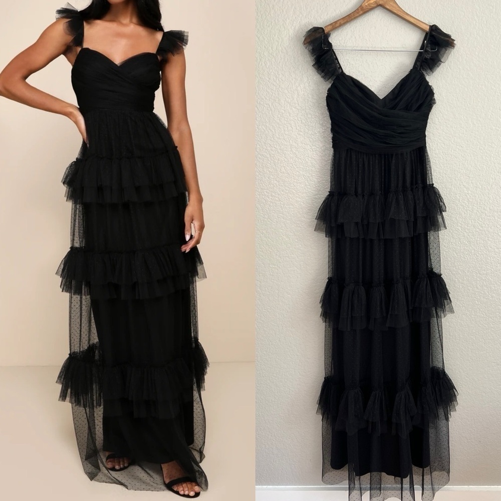 NWT Pure Radiance Black Mesh Swiss Dot Backless Tiered Maxi Dress